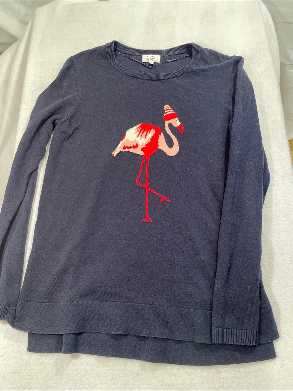 Women’s 100% Cotton Navy Long-Sleeve Flamingo Sweater - Cozy Holiday Top